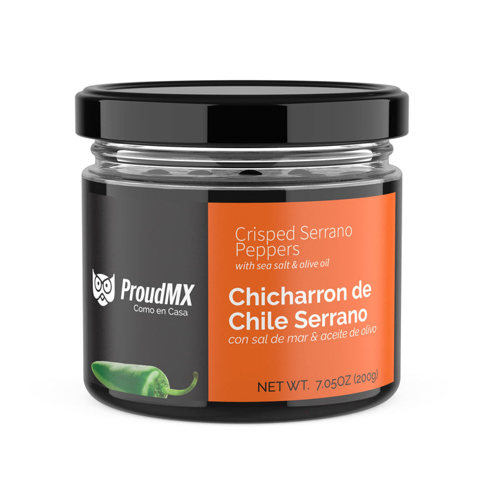 ProudMX Chicharrones de Chile Crisp - Crunchy Fresh Chile Condiment, fried with Olive Oil, Vegan keto gluten free, amazing flavor (Serrano) - Nativo